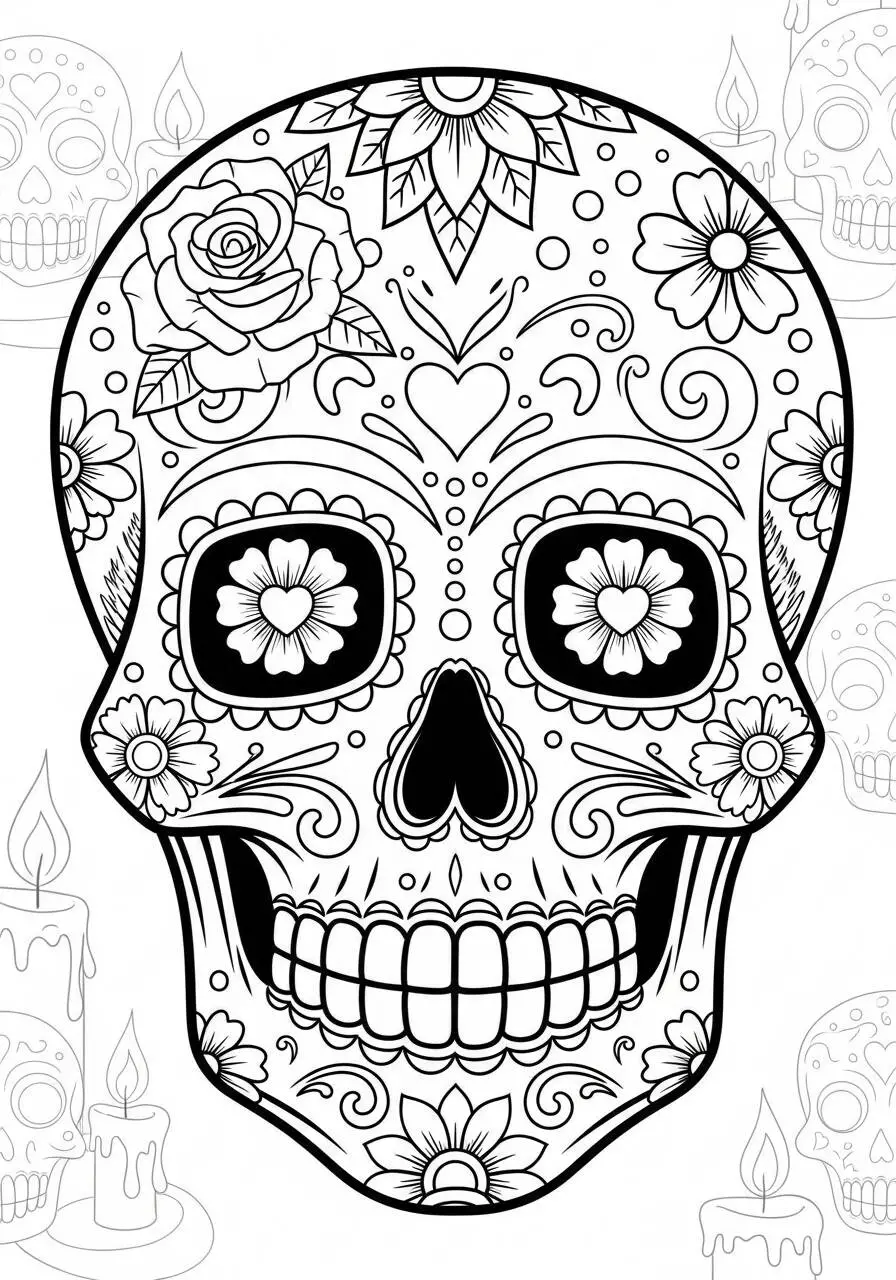 Dibujo para colorear de calavera decorada con flores