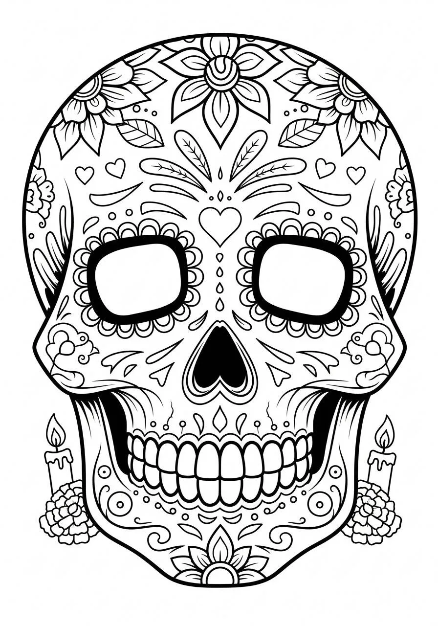 Dibujo de Calavera Mexicana Decorada con flores y Velas para colorear