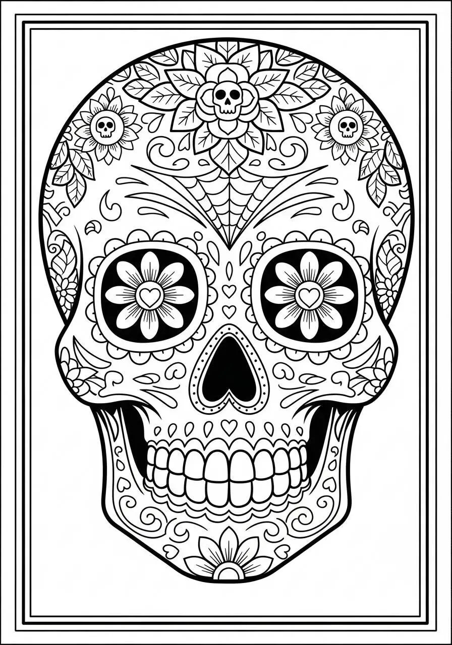 Dibujo para colorear de calavera mexicana decorada con flores