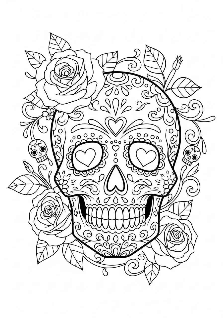 Dibujo de Calavera decorada con rosas para colorear