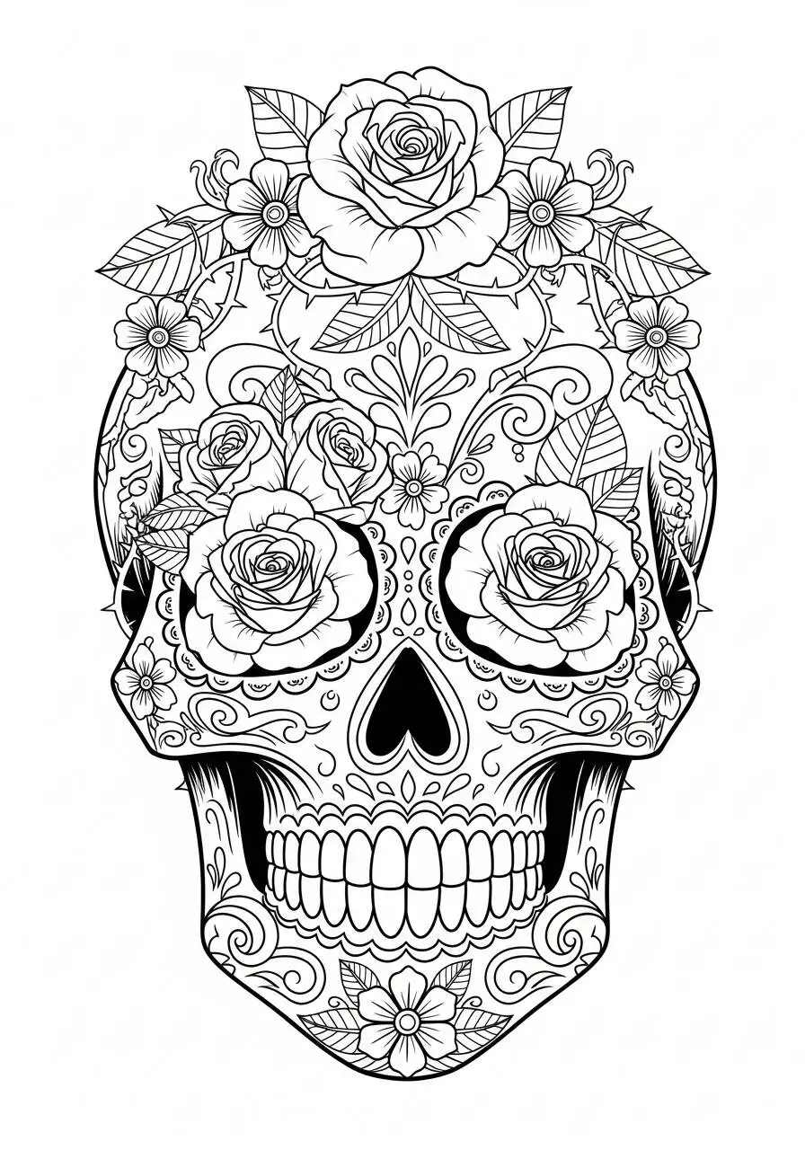 Dibujo de Calavera Mexicana Decorada con Rosas para colorear