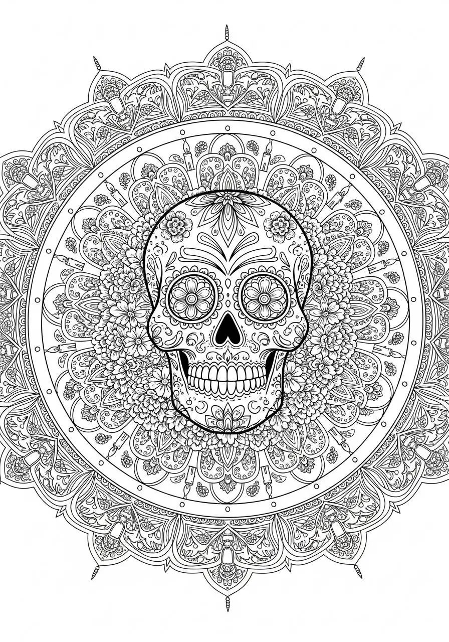 Calavera decorada con motivos florales para colorear