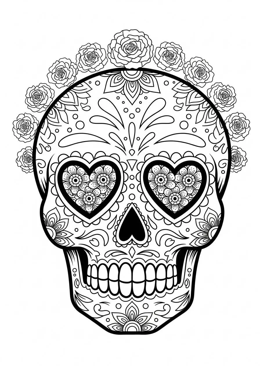 Dibujo de Calavera decorada con corazones y flores para colorear