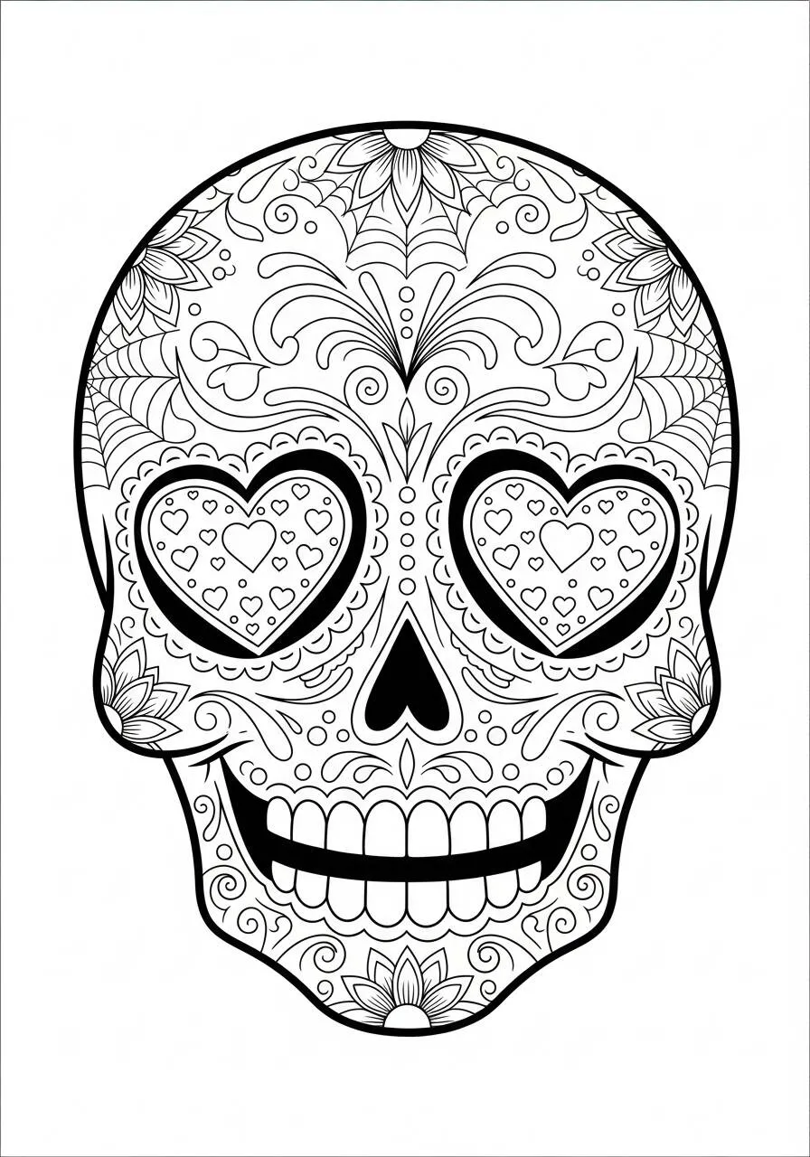 Página para colorear de calavera decorada con corazones