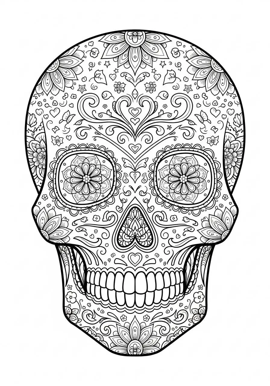 Dibujo para colorear de calavera decorada con flores