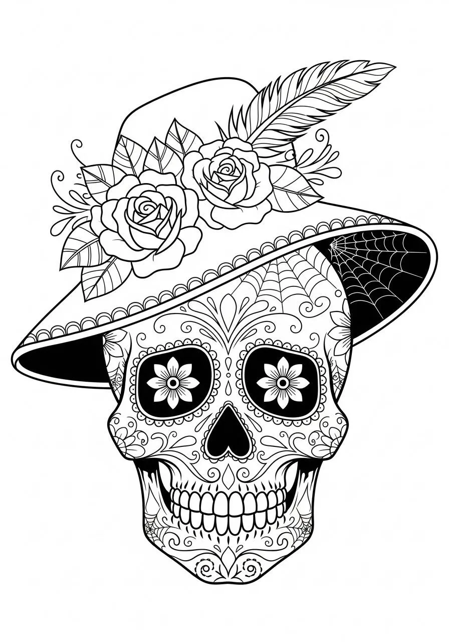 Dibujo para colorear de calavera con sombrero y flores