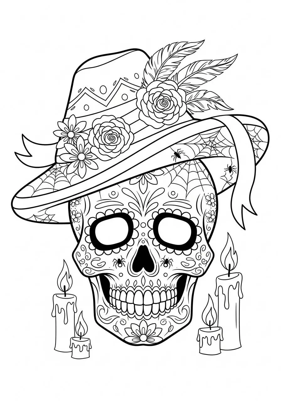 Dibujo de Calavera decorada con sombrero y velas para colorear