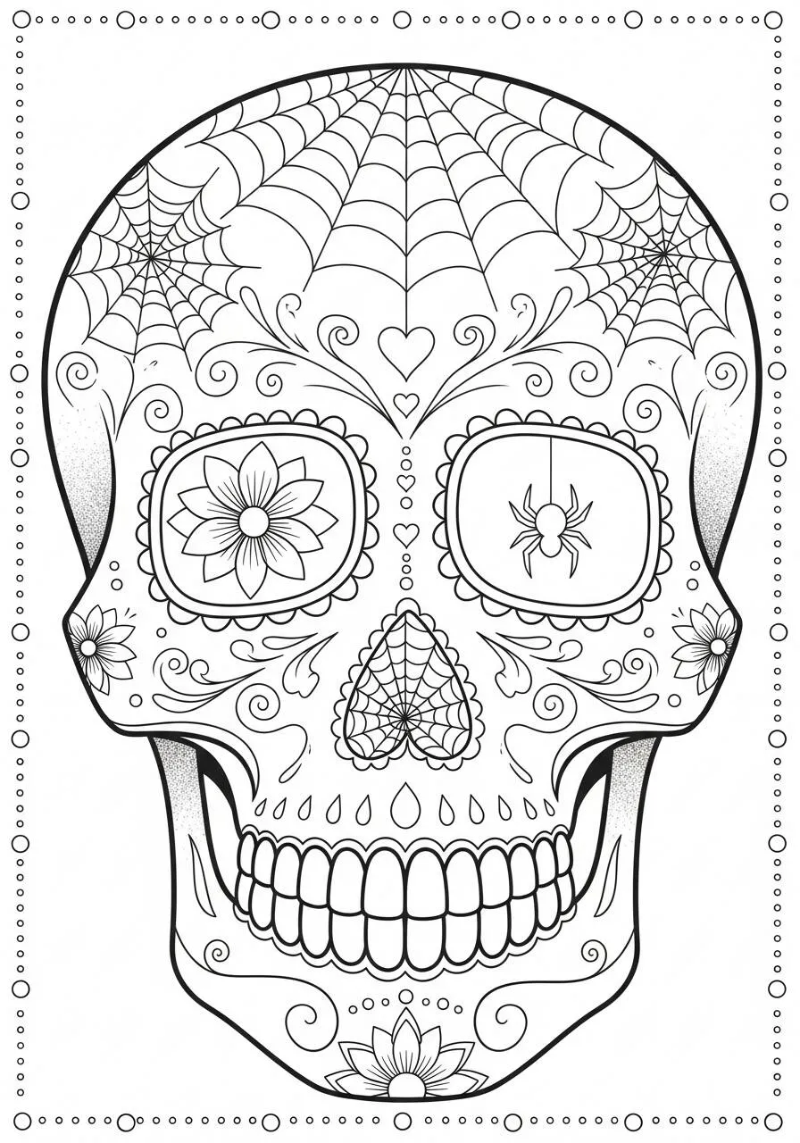Dibujo de Calavera decorada con telarañas y flores para colorear