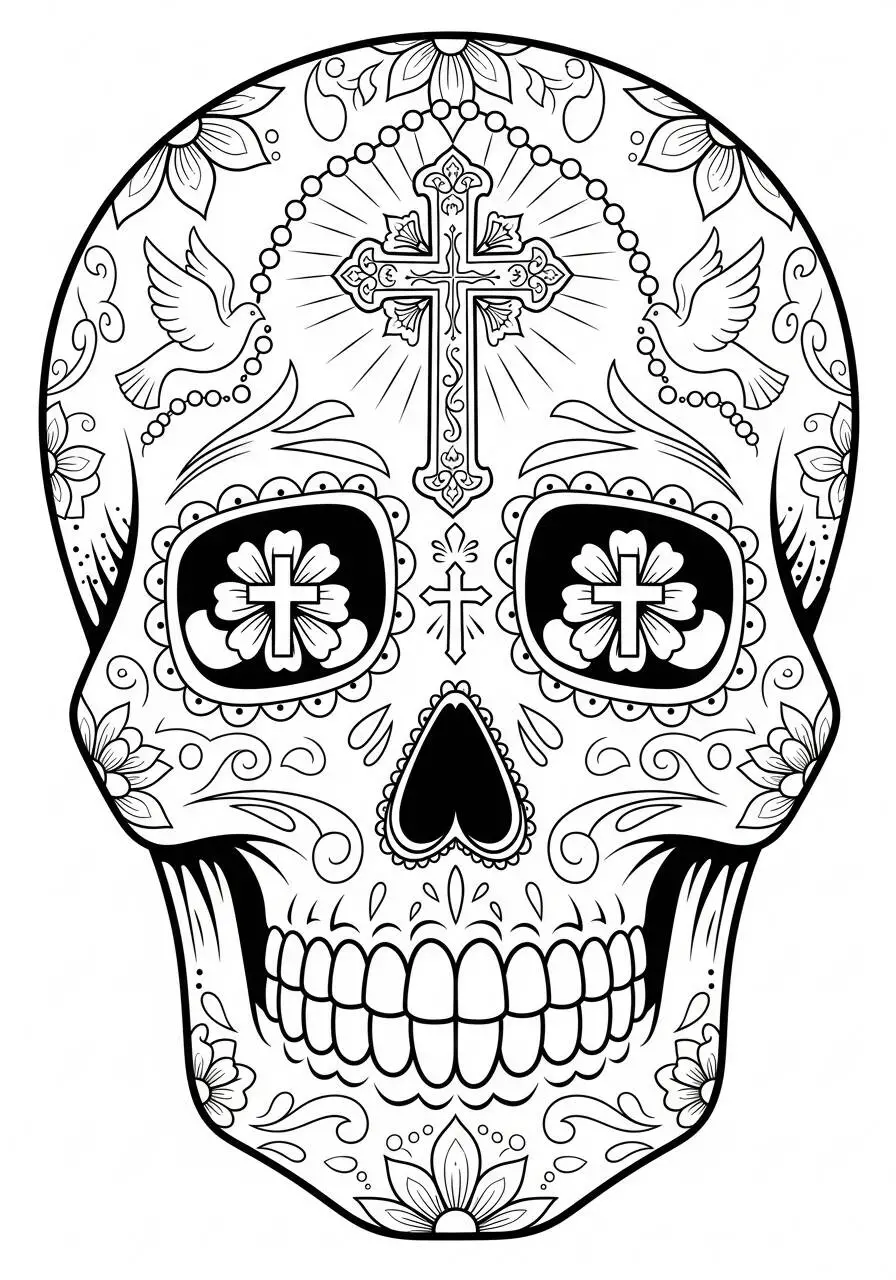 Dibujo de Calavera Mexicana con Cruz y Pájaros para colorear