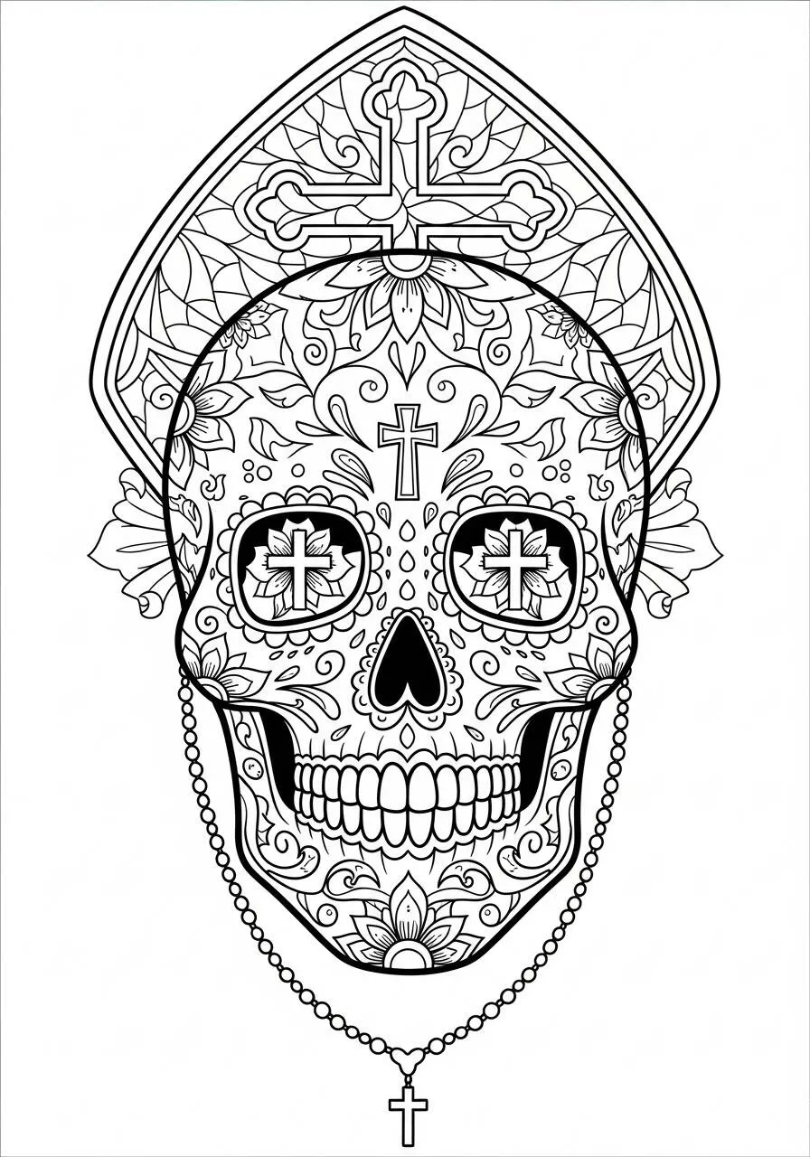Dibujo de Calavera decorada con cruz y flores para colorear