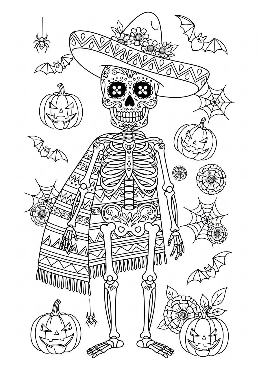 Dibujo de Calavera Mexicana con Gorro y Calabazas para colorear