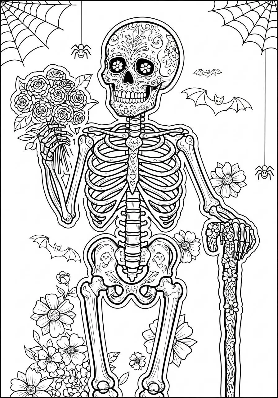 Página para colorear de calavera con esqueleto y flores