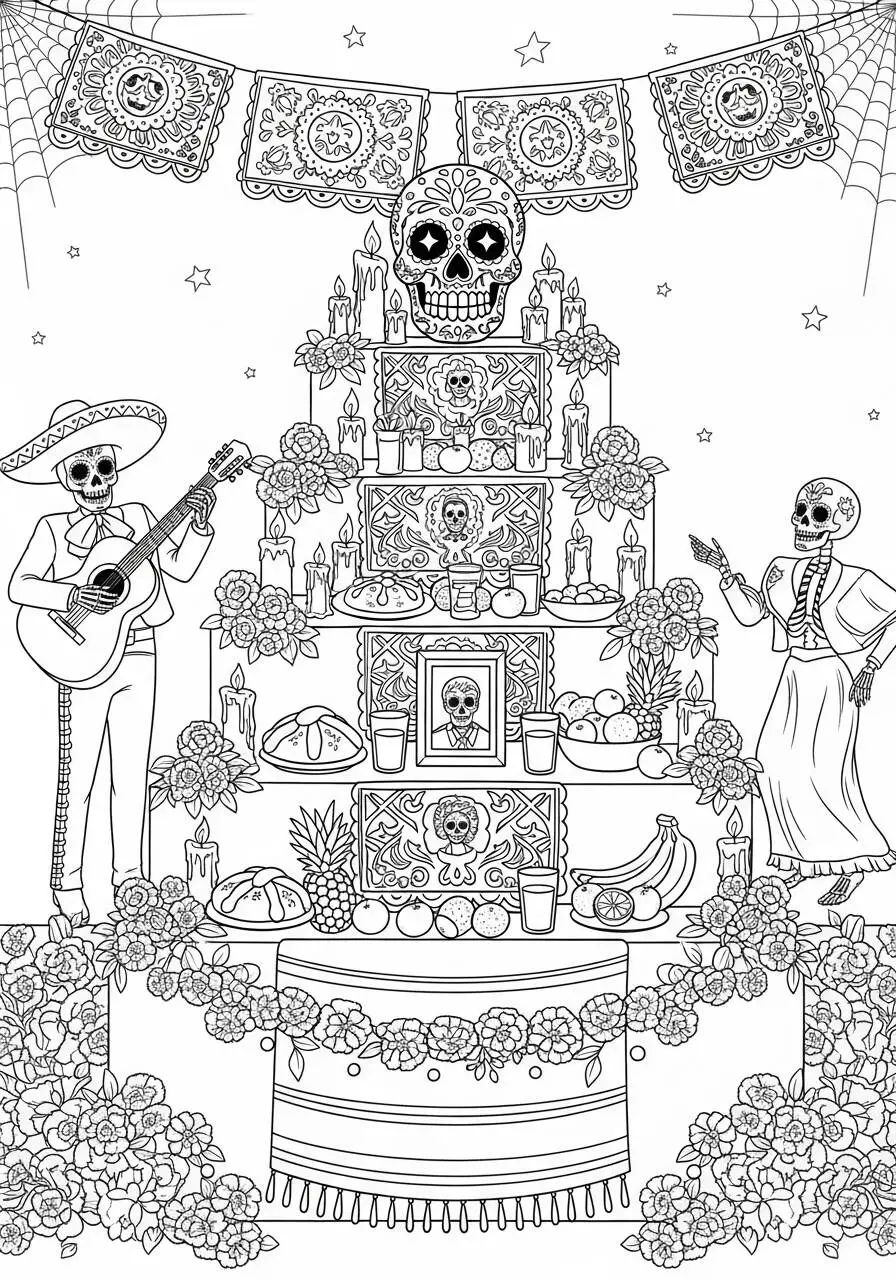 Dibujo de Calavera decorada con altar del Día de Muertos para colorear
