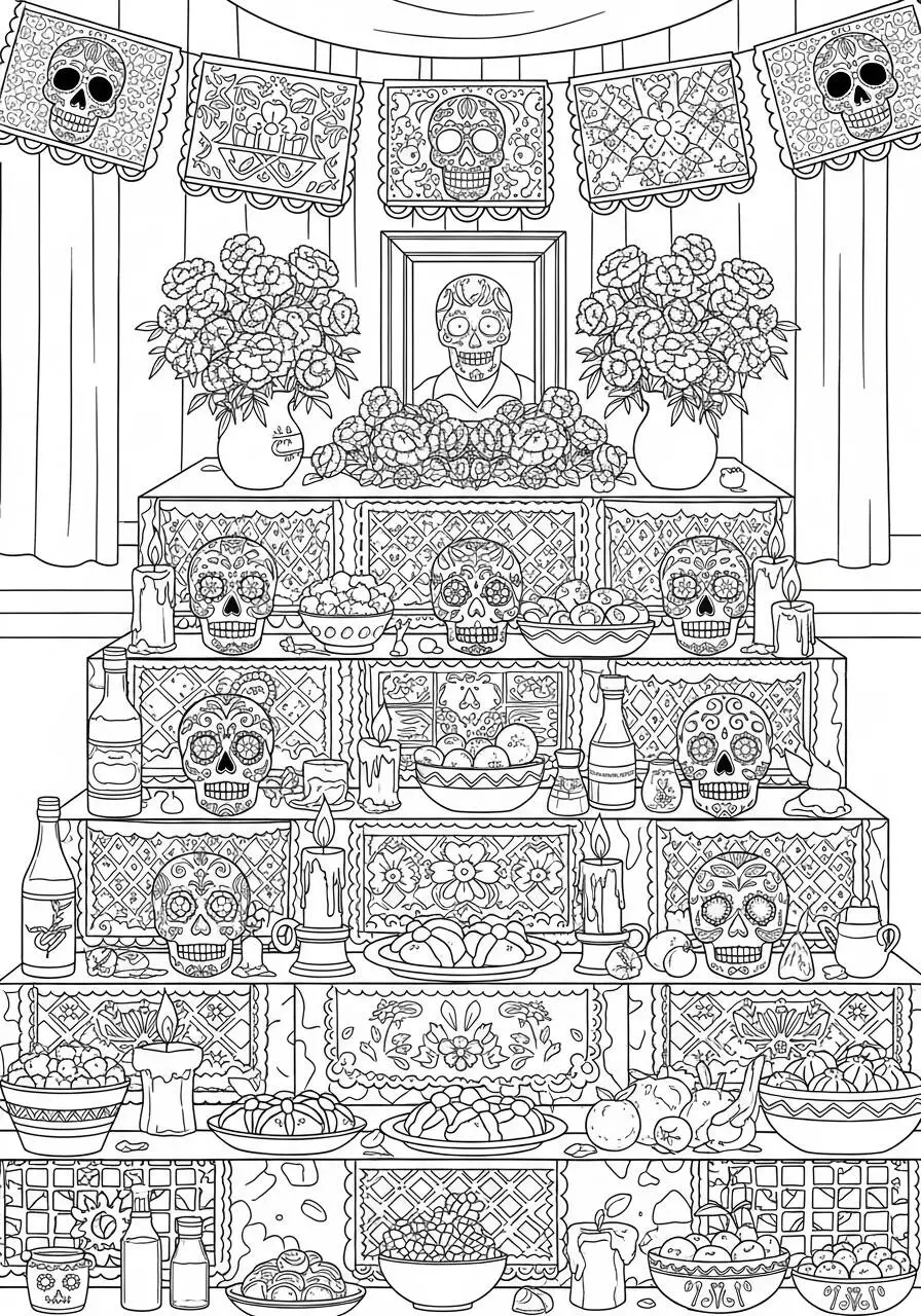 Altares del Día de Muertos con Calaveras para colorear