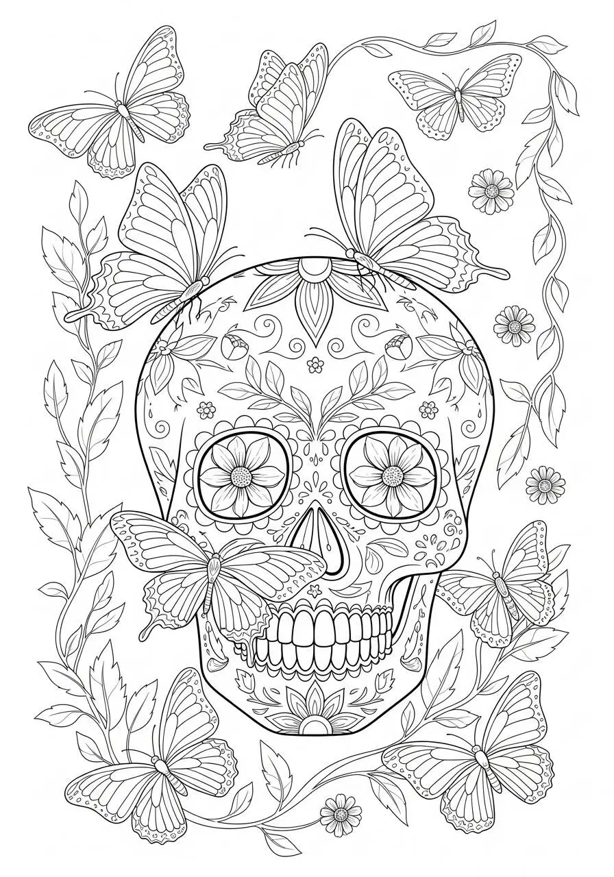 Dibujo de Calavera decorada con mariposas y flores para colorear