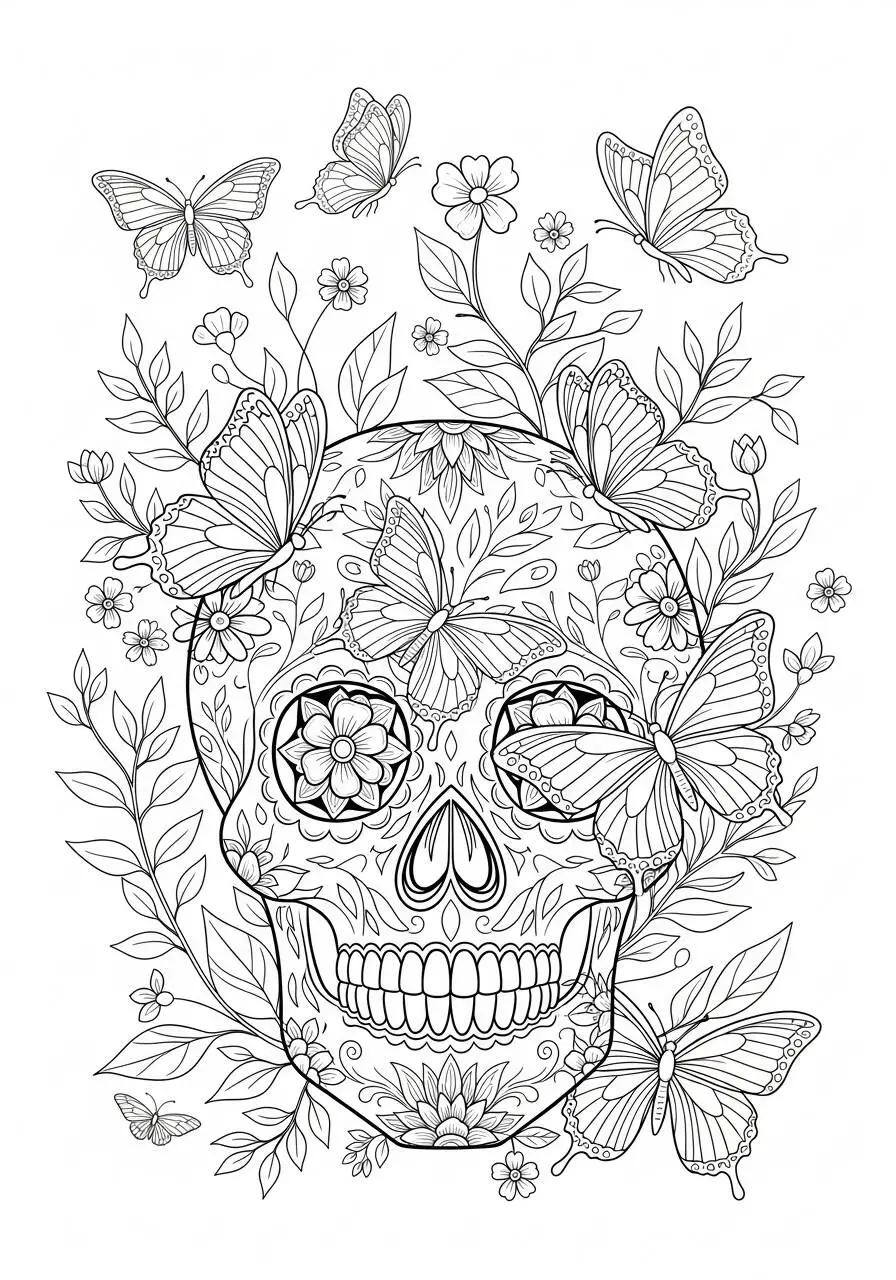 Dibujo de Calavera decorada con mariposas y flores para colorear