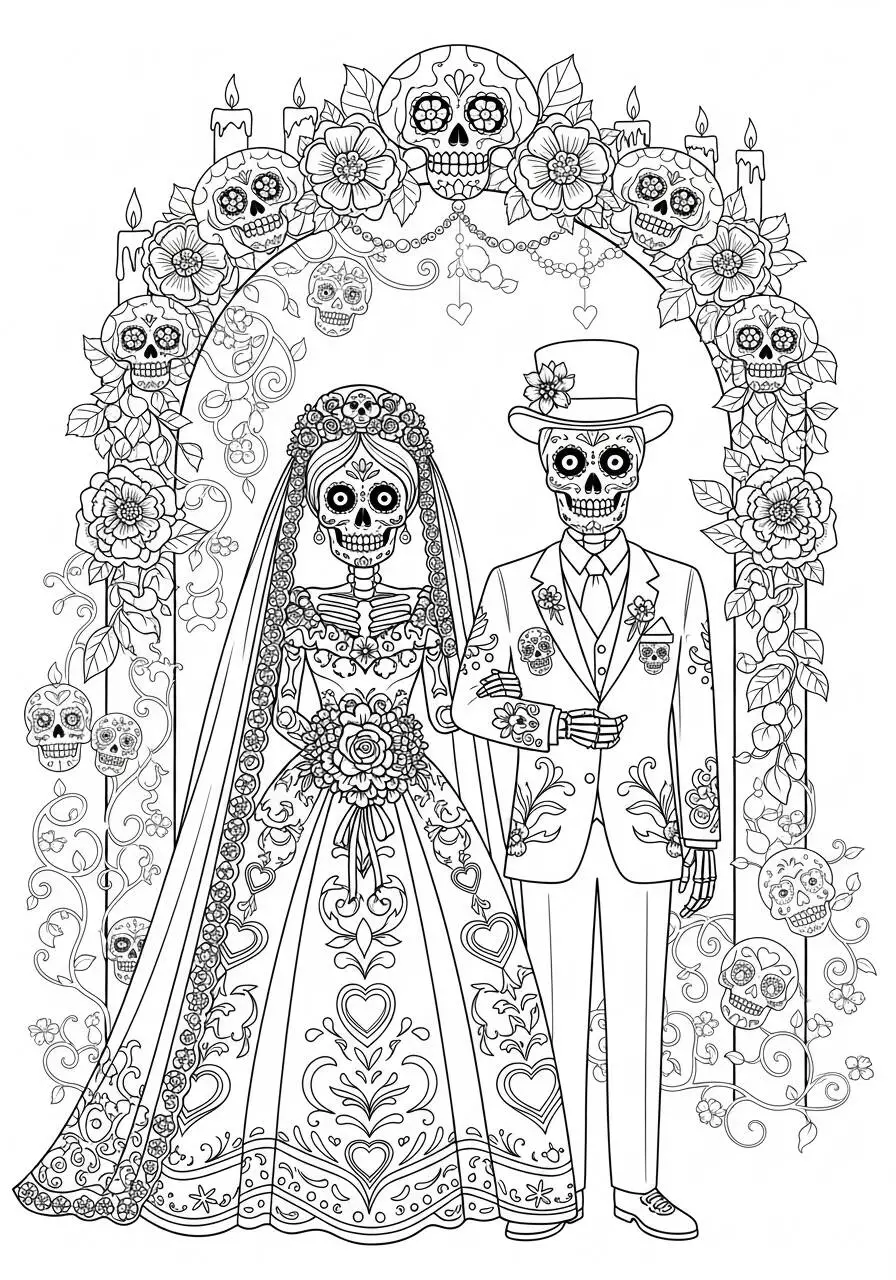 Dibujo de Calavera Mexicana en una Boda con flores para colorear