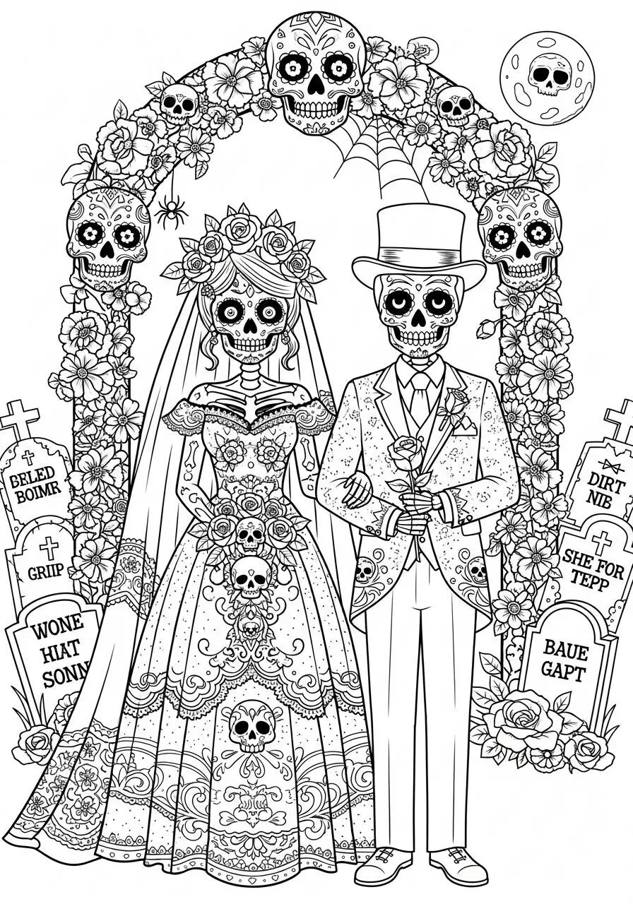 Página para colorear de calavera de boda con flores