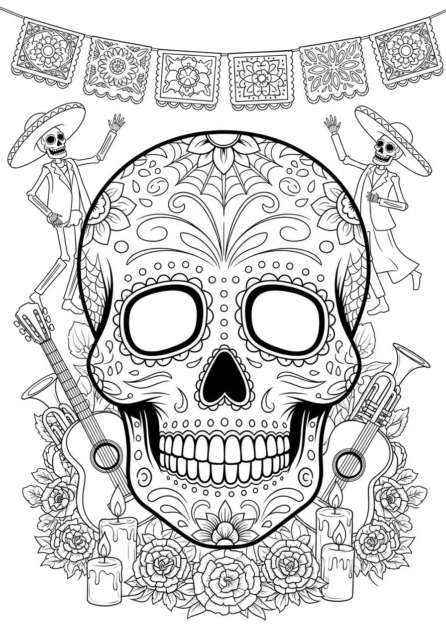 Dibujo de Calavera Mexicana Decorada con flores y Músicos para colorear