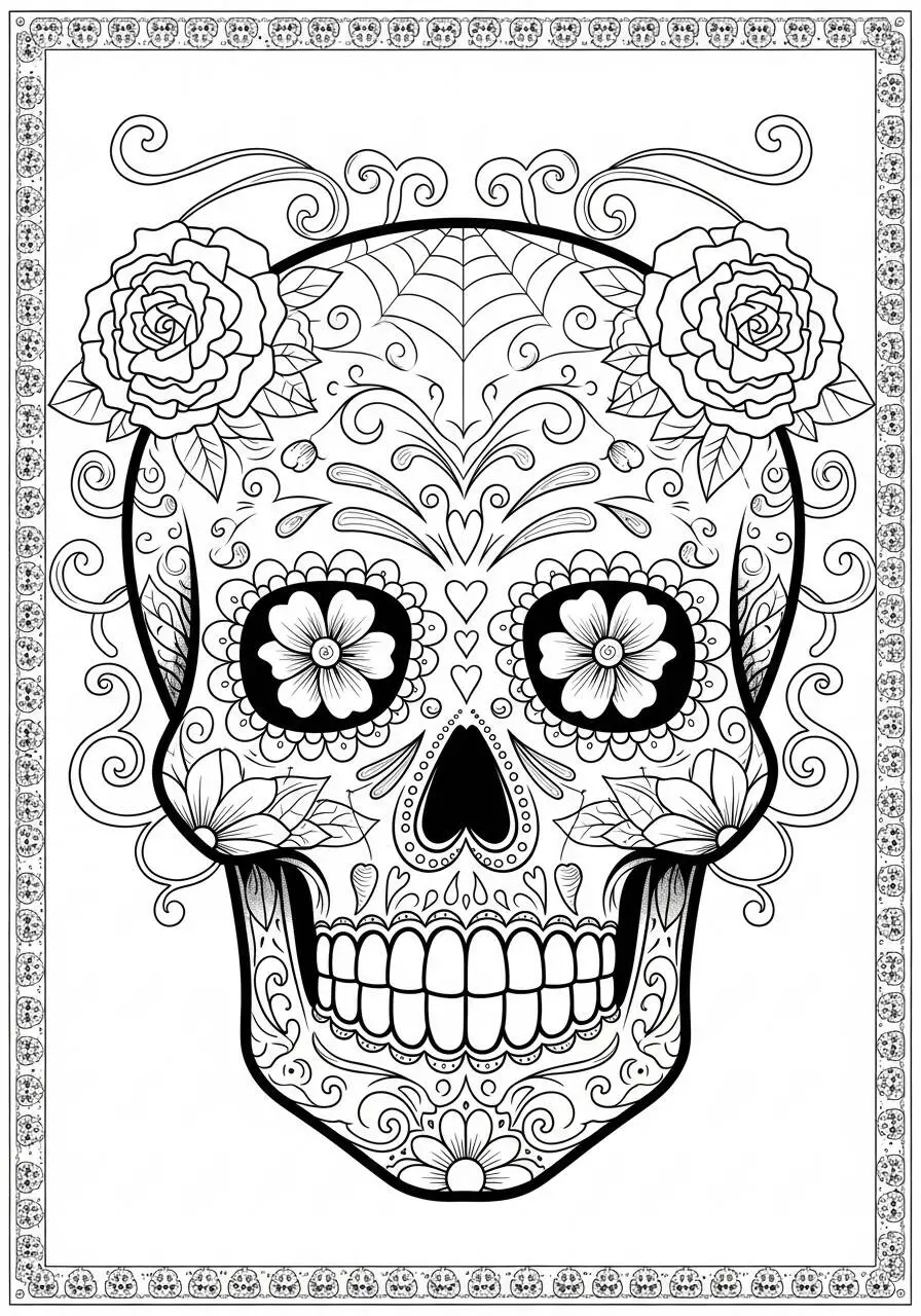 Página para colorear de calavera decorada con flores