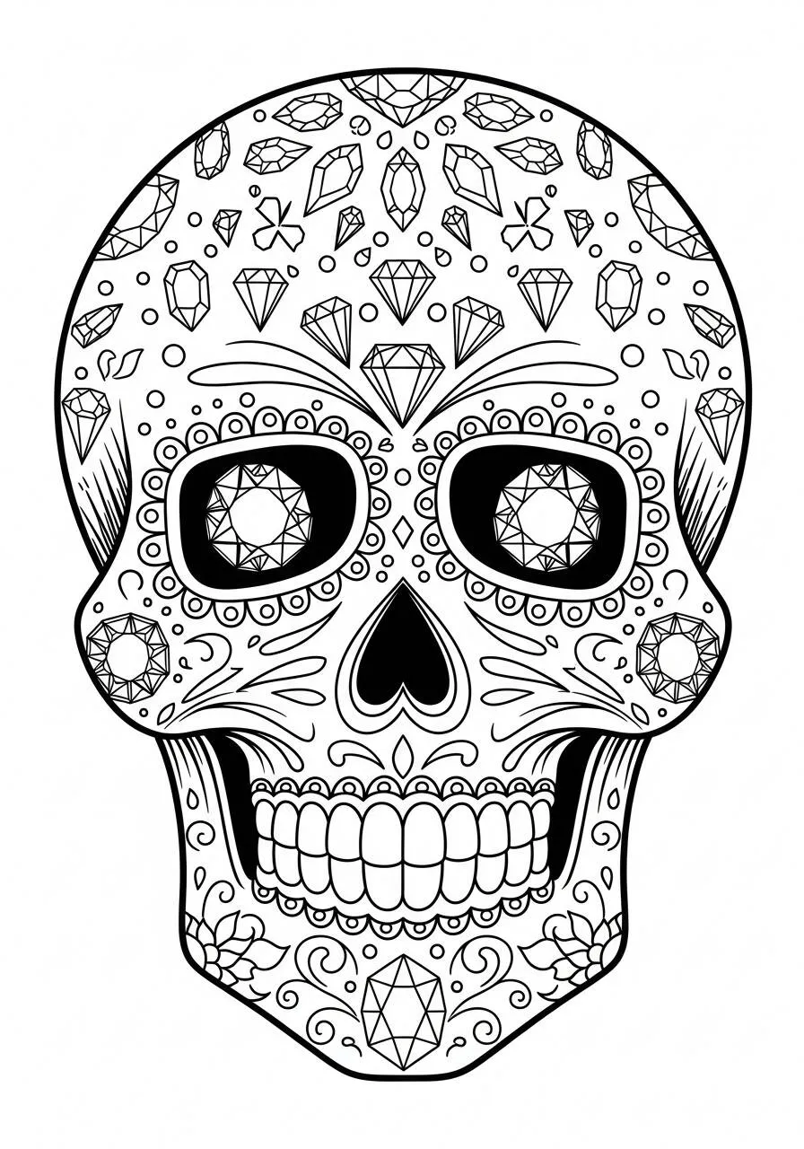 Dibujo de Calavera decorada con joyas para colorear