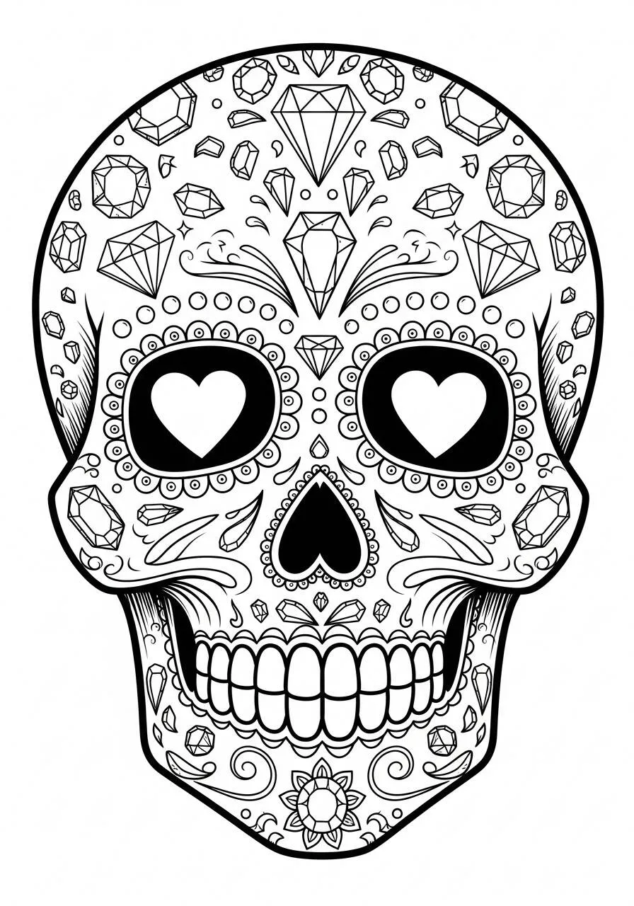 Calavera Decorada con Corazones y Joyas para Colorear