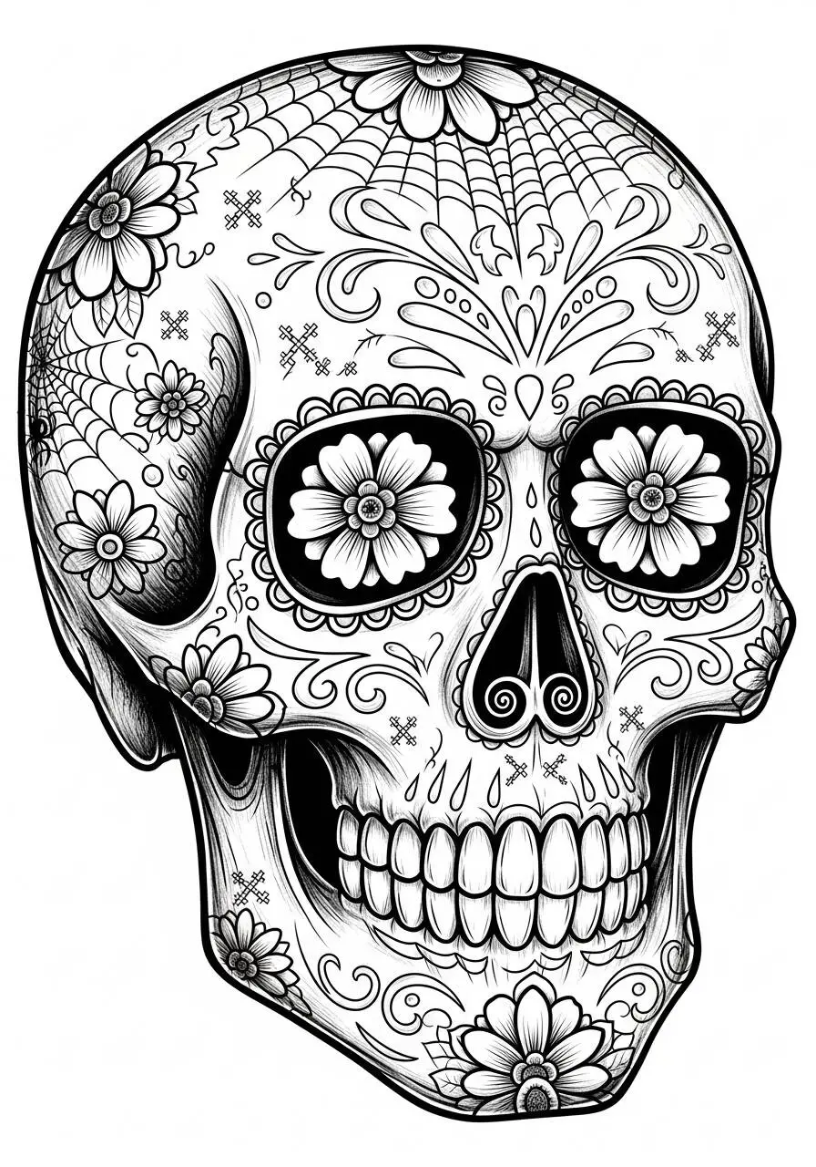 Página para colorear de calavera mexicana decorada con flores