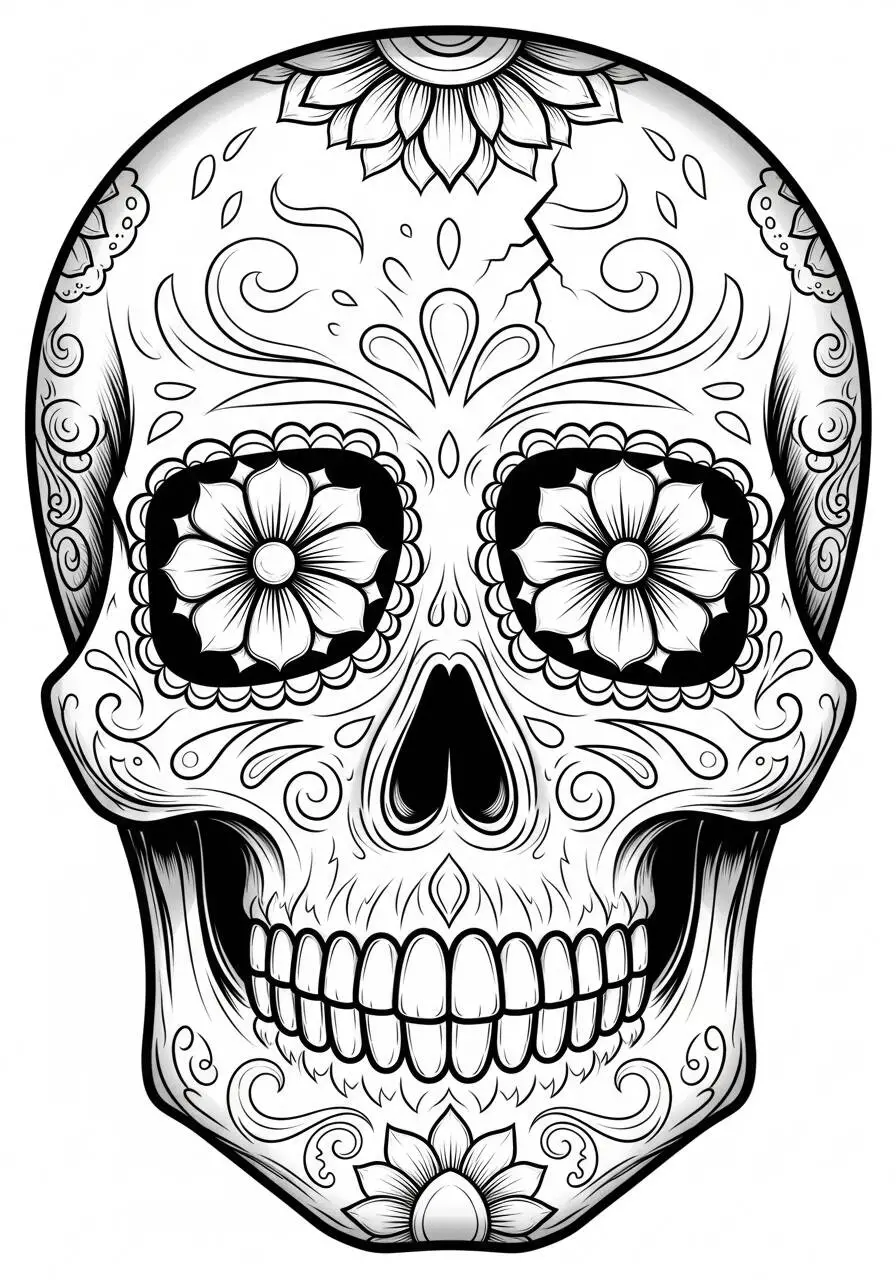Página para colorear de calavera mexicana decorada con flores