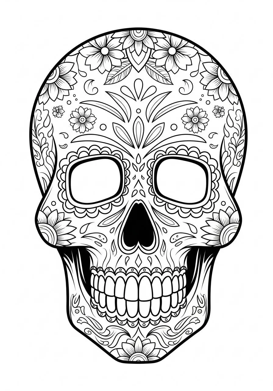 Página para colorear de calavera mexicana decorada con flores