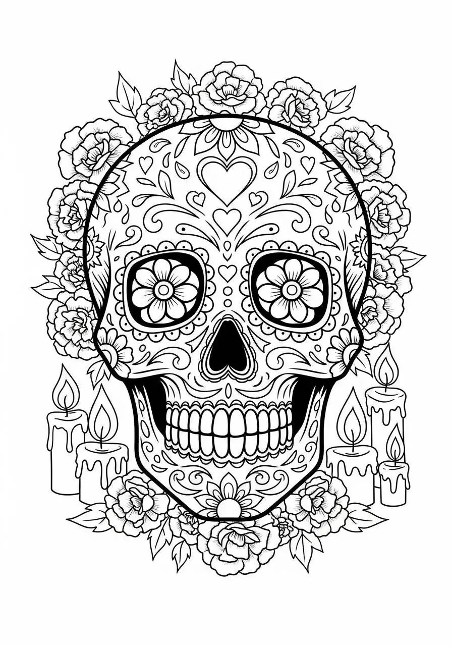 Dibujo de Calavera decorada con flores y velas para colorear