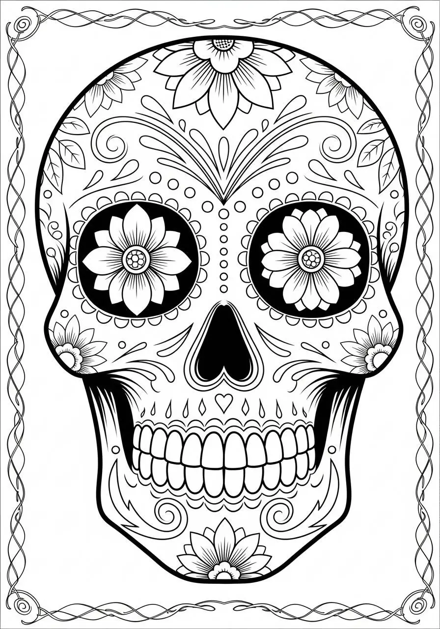Página para colorear de calavera mexicana decorada con flores