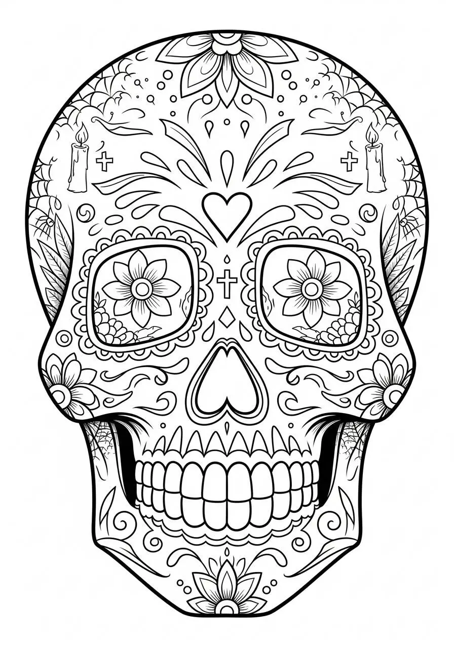 Página para colorear de calavera mexicana decorada con flores