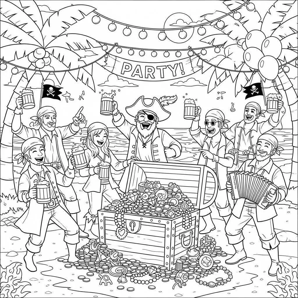 Piratas celebrando con el cofre del tesoro para colorear