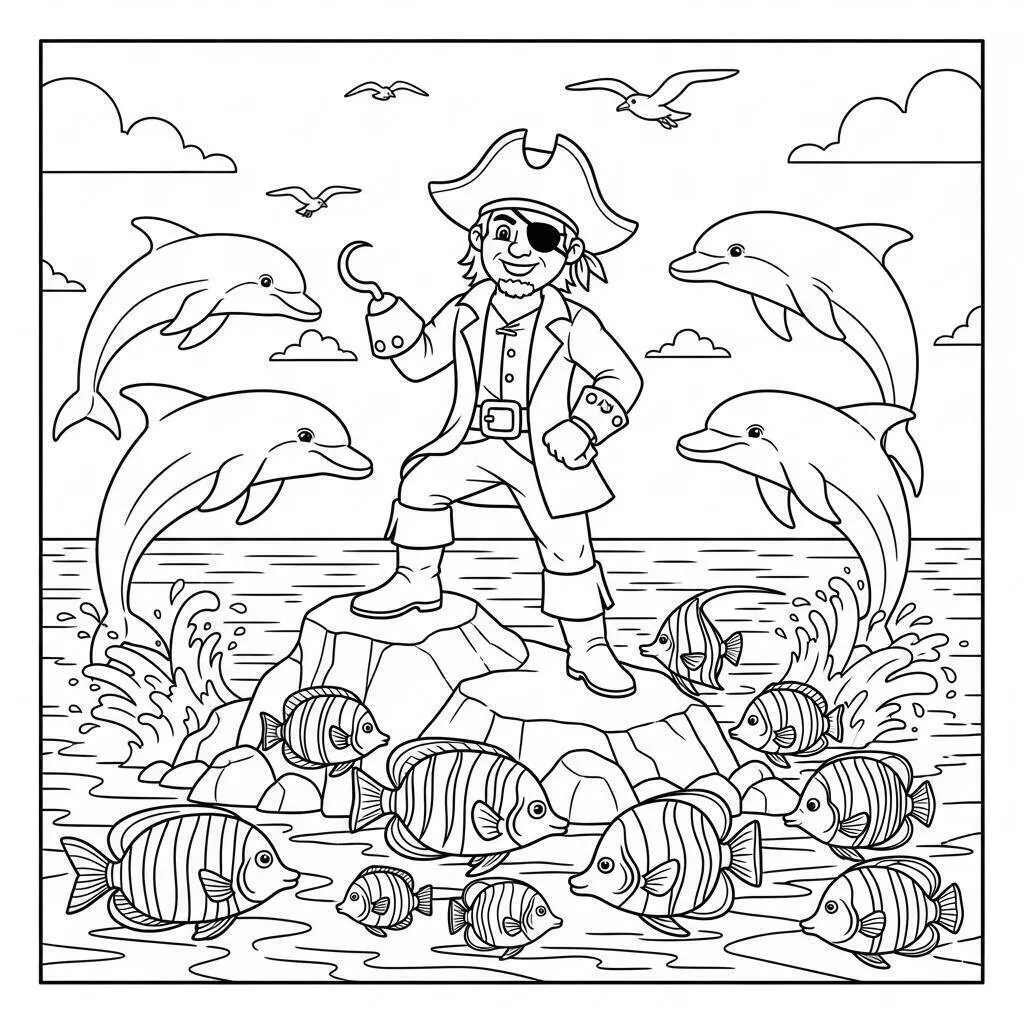 Dibujo de Pirata con Delfines para colorear