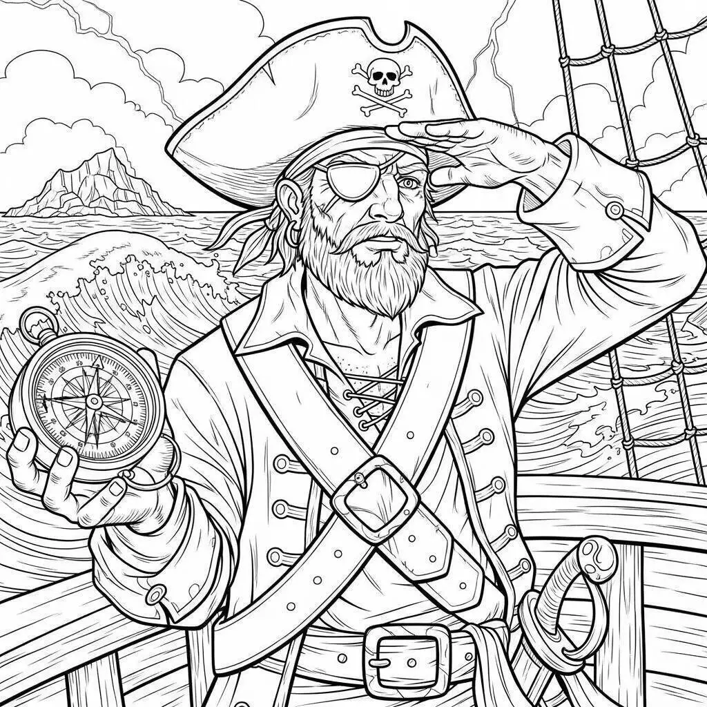 Dibujo de Pirata con Brújula y Mirada Aventurera para colorear