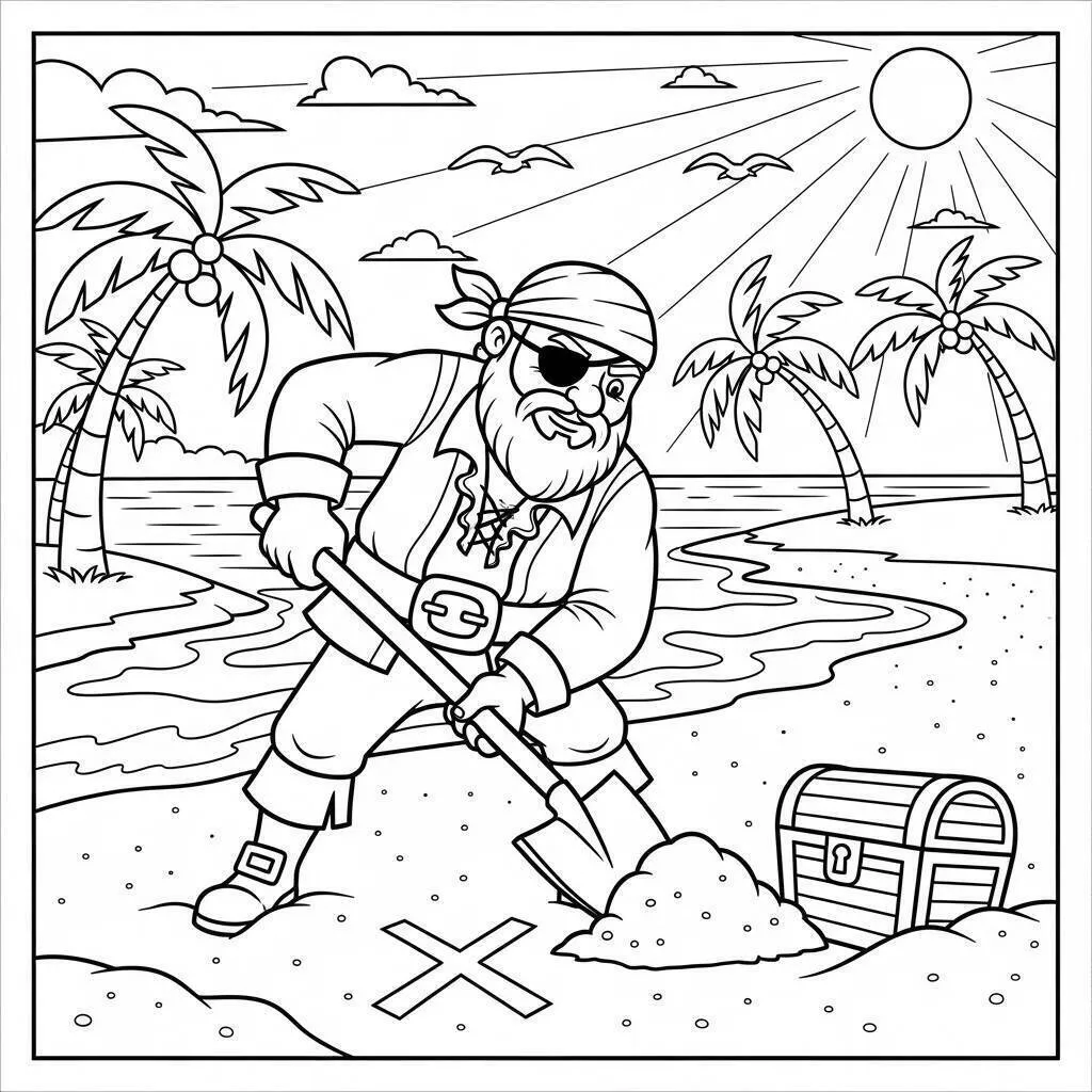 Pirata cavando un cofre del tesoro en la playa Página para colorear