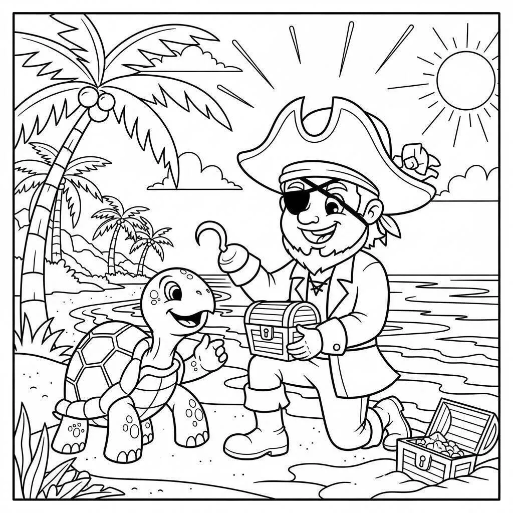 Pirata con tortuga y cofre del tesoro para colorear
