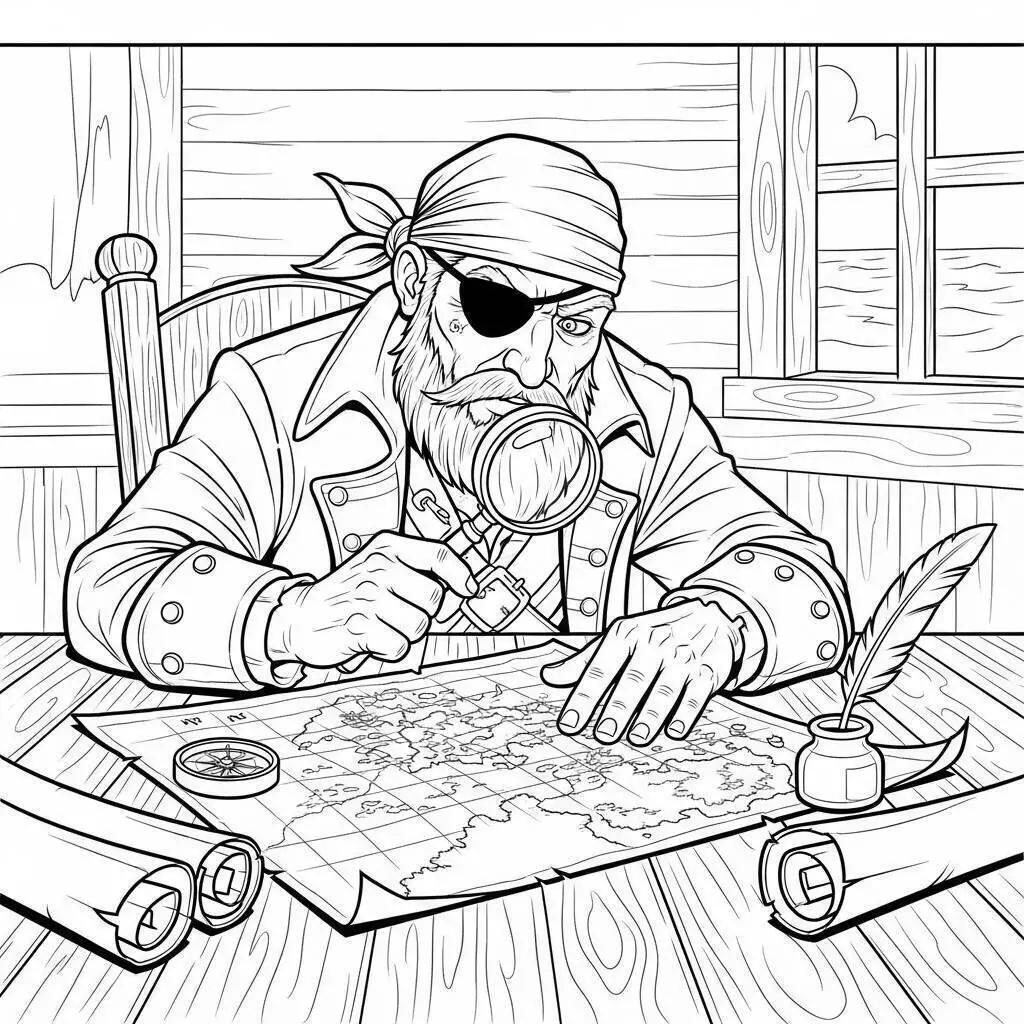 Pirata estudiando un mapa del tesoro Página para colorear