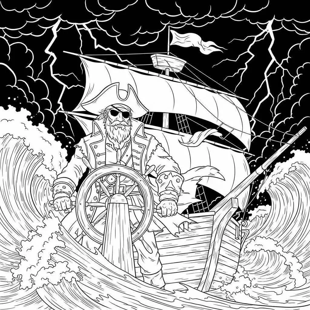 Página para colorear pirata navegando en una tormenta