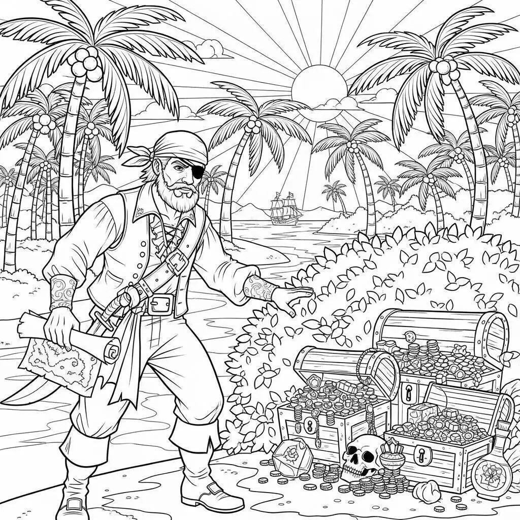 Pirata buscando un cofre del tesoro en la playa Página para colorear