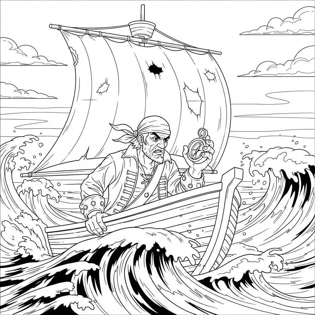 Dibujo de Pirata navegando en un barco en alta mar para colorear