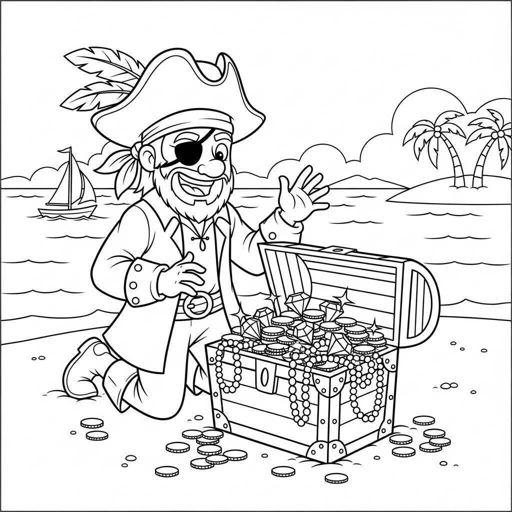 Página para colorear de pirata feliz con cofre del tesoro
