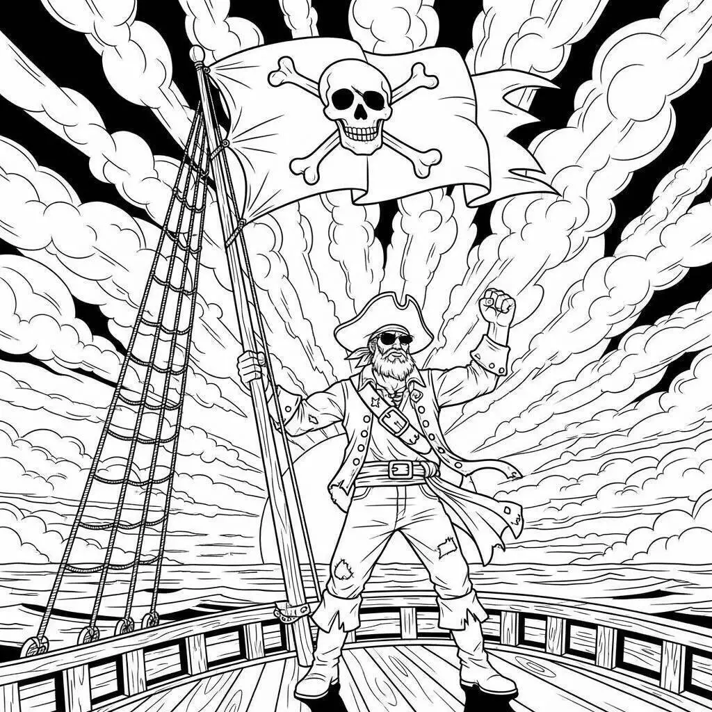 Dibujo de Pirata con bandera Jolly Roger para colorear