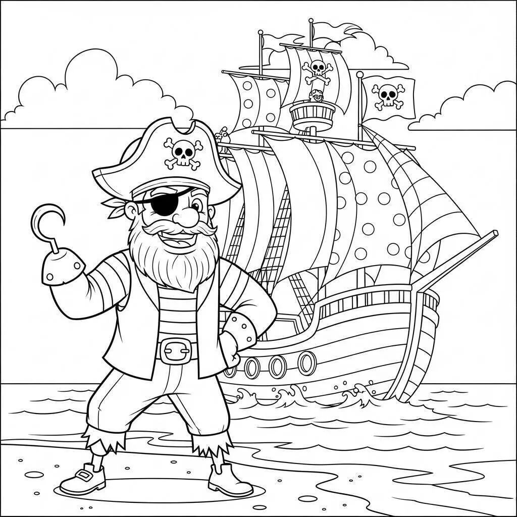 Pirata con barco y anzuelo para colorear