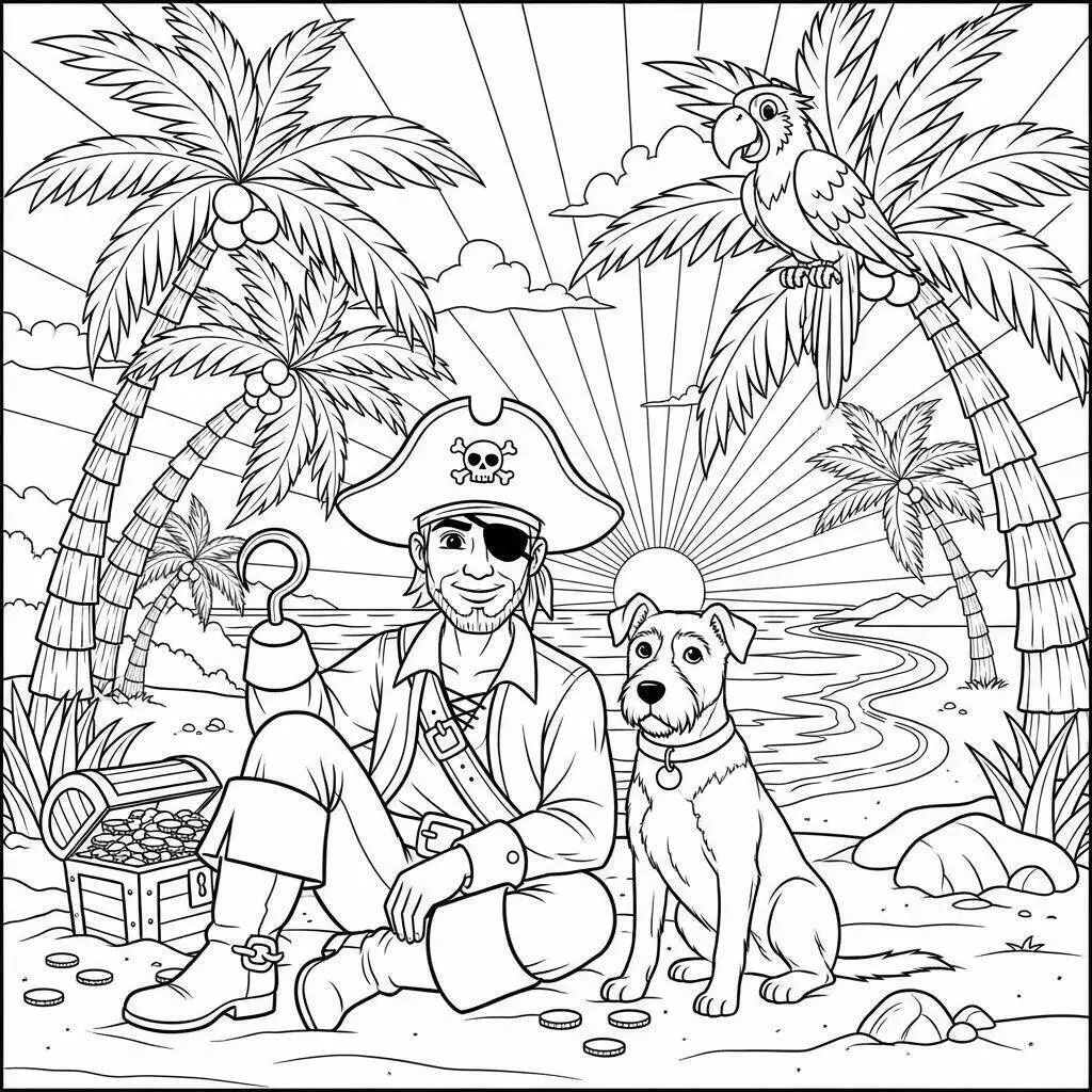 Dibujo de Pirata con Perro y Loro para colorear