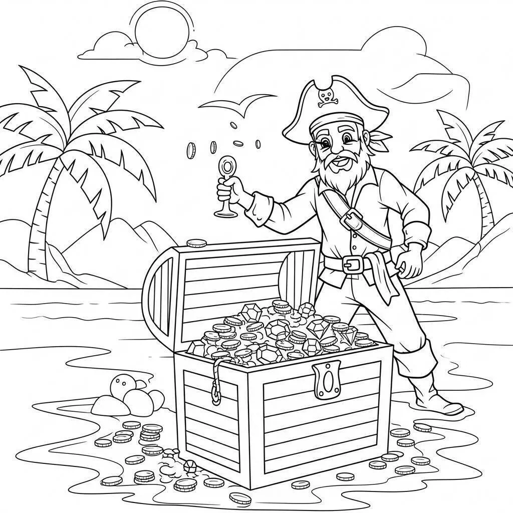 Dibujo de Pirata con cofre del tesoro en la playa para colorear