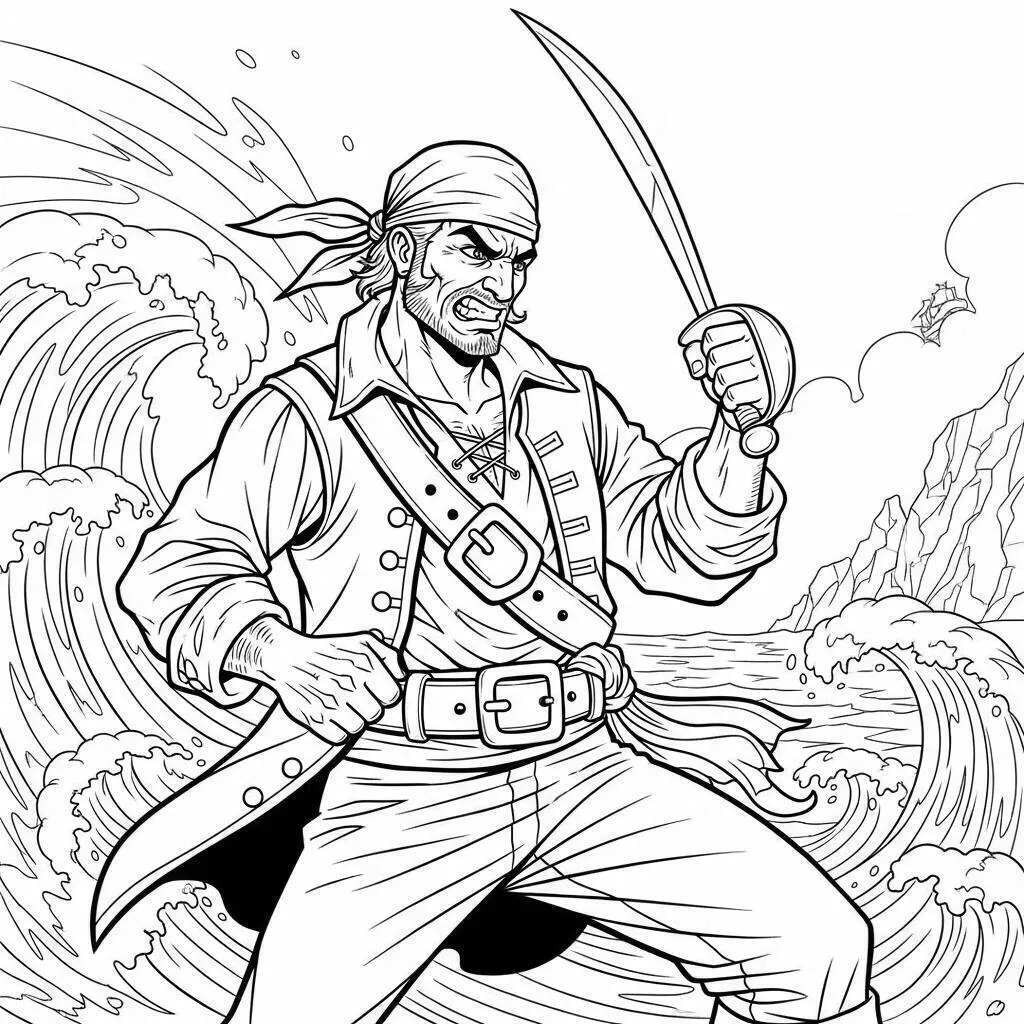 Dibujo de Pirata con espada en las olas para colorear