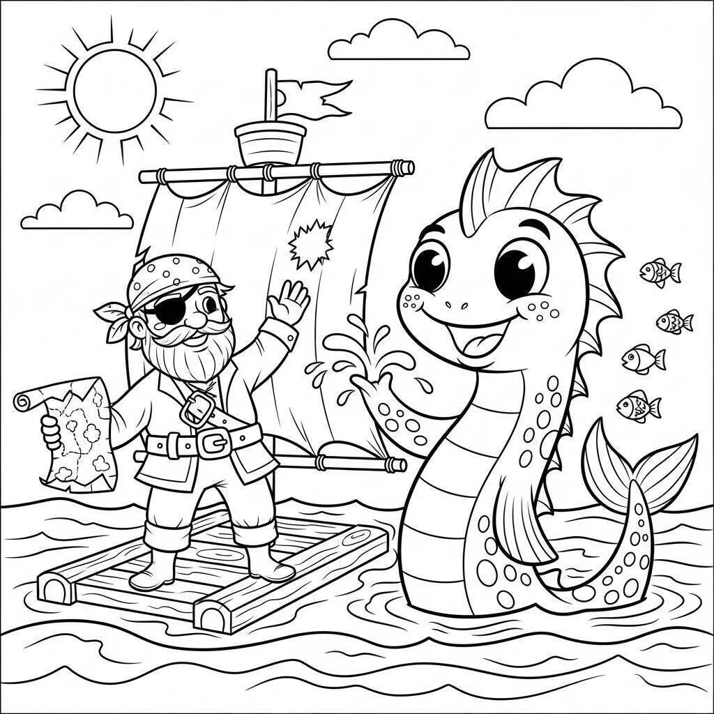 Pirata en balsa con monstruo marino para colorear