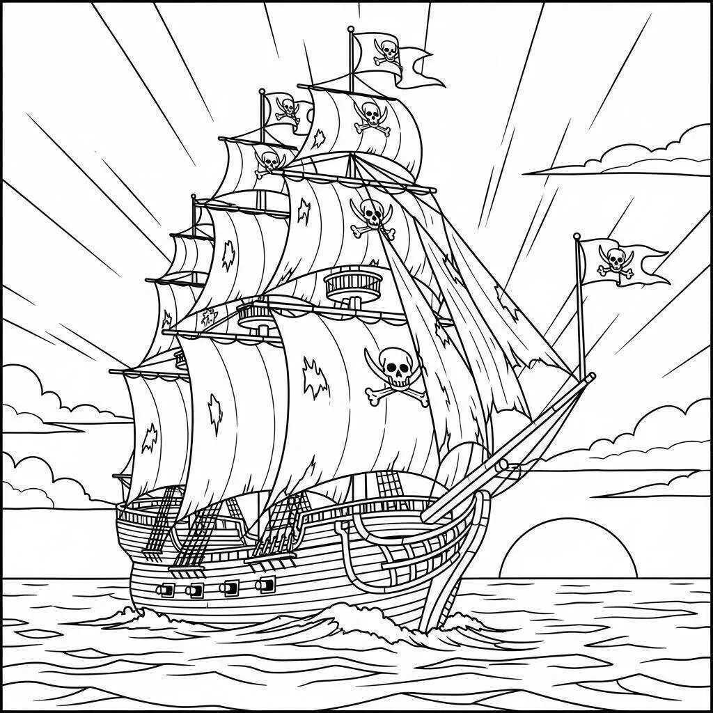 Barco Pirata con Banderas Página para colorear