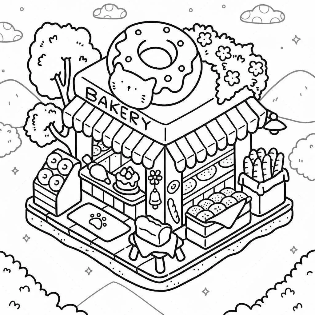 Desenho de Coco Wyo na Padaria com Donut para Colorir